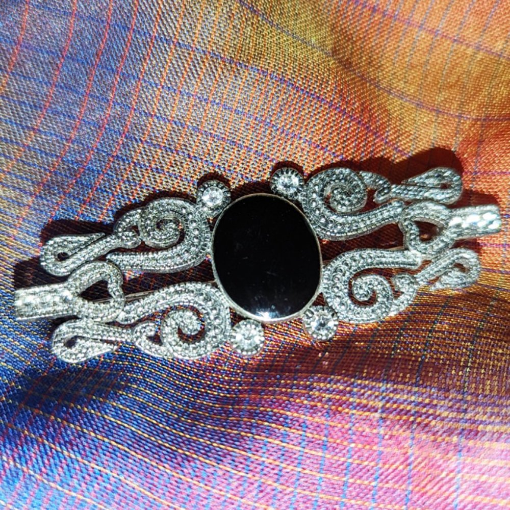 Vintage Victorian Style Brooch - Silver, Marcasite & Onyx - Beautiful!